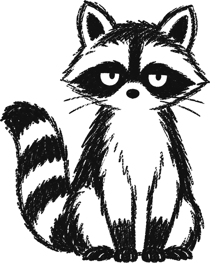 Debug, el mapache mascota de 9's, sentado y con cara de pocos amigos